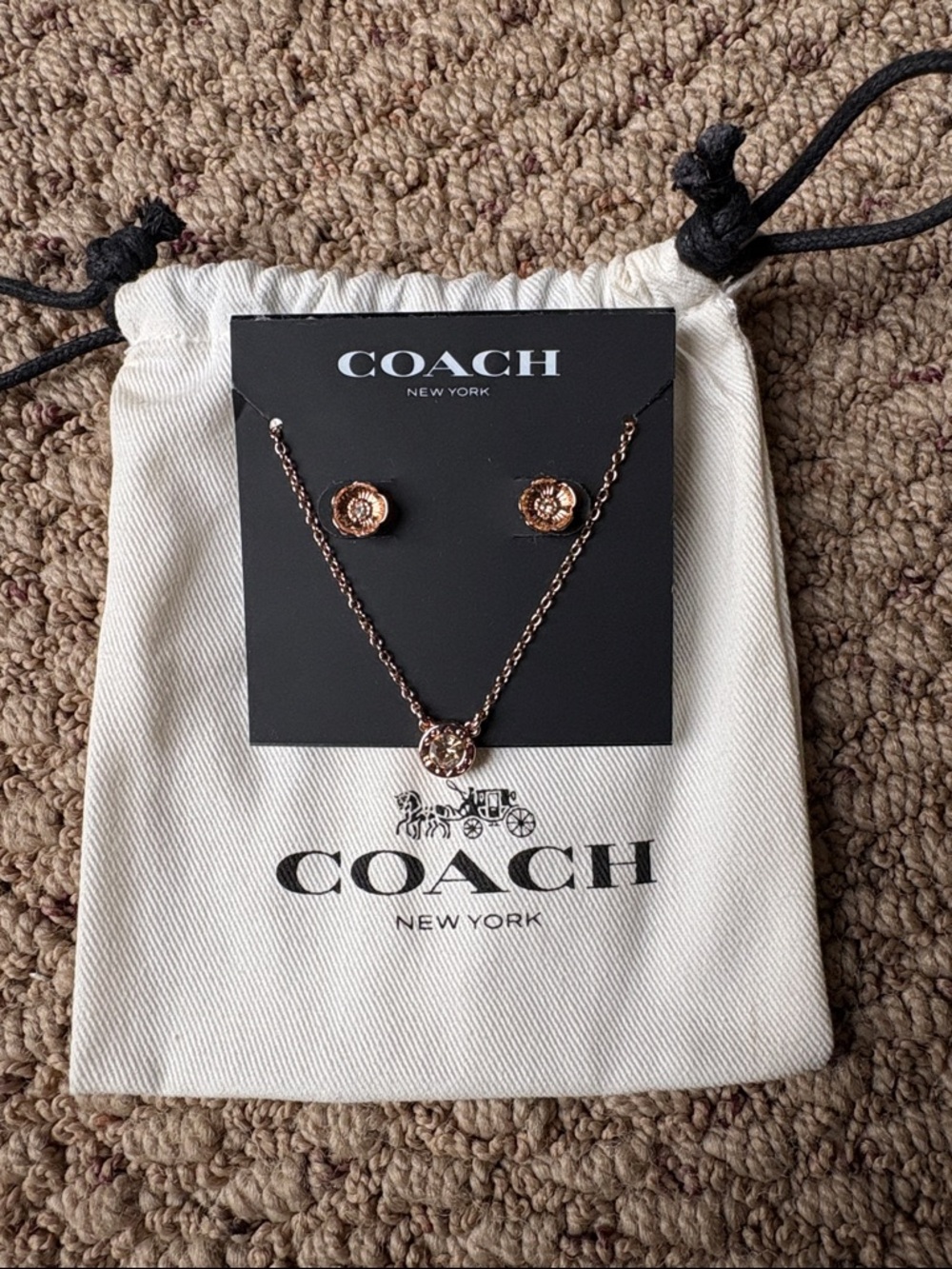 MUST GO! COACH “Tea Rose” Gold Floral Necklace and Stud Earring Set